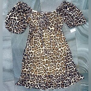 Women’s Leopard Print Off The Shoulder Puff Sleeves Mini Dress Size S NWT